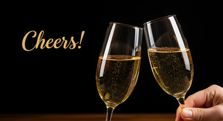 Two champagne flutes filled with bubbly sparkling wine are being toasted against a solid black background. The word Cheers!" is written in elegant gold script symbolizing celebration New Year's Eve or an anniversary."の素材