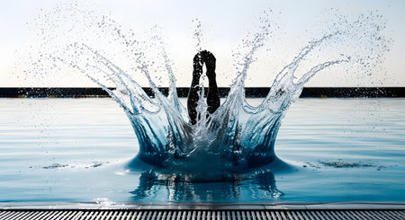 A dynamic, frozen-motion shot of a person diving headfirst into a swimming pool, creating a dramatic and symmetrical crown-shaped water splash. The diver's legs and feet are visible disappearing into the blue water, with the pool's edge in the foreground.の素材