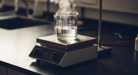 A glass beaker filled with a clear liquid is heating up on a magnetic stirrer hot plate in a laboratory. Steam is rising from the top of the beaker, indicating the liquid is hot or boiling.の素材