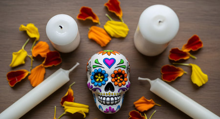A top-down flat lay of a Dia de los Muertos (Day of the Dead) offering, or 'ofrenda,' on a wooden surface. A colorfully painted calavera, or sugar skull, sits in the center, surrounded by white candles and scattered marigold petals. The image evokes themes of Mexican culture, tradition, celebration, and remembrance.の素材