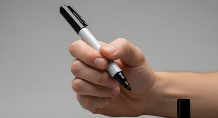 A close-up shot of a hand holding a black and grey permanent marker, poised as if to write. The cap of the marker is off and visible in the bottom corner, all set against a plain, light-gray background.の素材