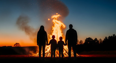 A silhouette of a family of four holding hands while standing in front of a massive bonfire at dusk. The parents and two children are watching the tall flames and sparks rise into the twilight sky, which shows a beautiful gradient from orange to deep blue. The image evokes feelings of togetherness, warmth, celebration, and family tradition.の素材