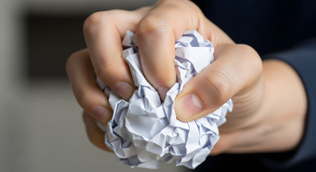 A close-up shot of a hand tightly clenching a piece of white paper, crumpling it into a ball. This action conveys feelings of frustration, stress, anger, or the rejection of an idea. The background is neutral, focusing all attention on the gesture.の素材