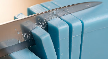 A macro shot captures a sharp knife slicing through a solid block of light blue soap. Small shavings and crumbs are visible on the surface, highlighting the process of soap making or cutting.の素材