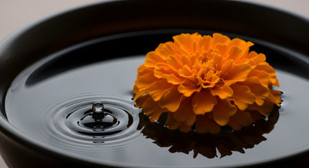 A vibrant orange marigold flower floats in a dark bowl filled with still, dark water. A single water drop has just hit the surface, creating concentric ripples that spread outwards.の素材