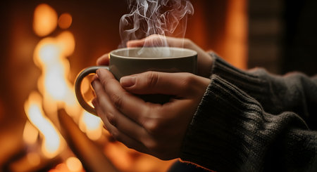 A close-up of a person's hands cupping a warm, steaming mug of a hot beverage like coffee, tea, or hot chocolate. The background is a soft-focus, glowing fireplace, creating a cozy, comfortable, and tranquil atmosphere. This image represents relaxation, warmth, and the simple pleasures of a winter evening.の素材