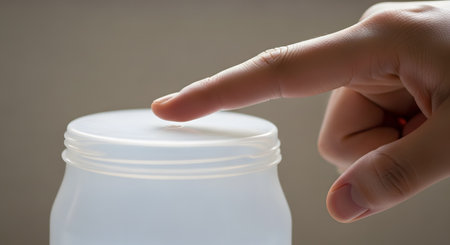 A close-up shot of an index finger poised just above a small hole or button on the white, translucent plastic lid of a jar. The simple action suggests pressing, opening, or interacting with a device.の素材