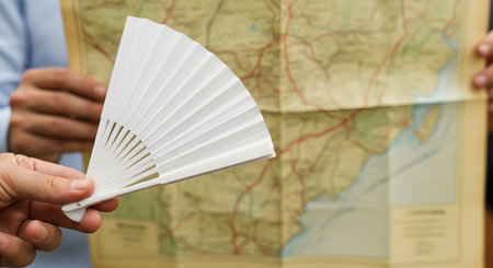 A person's hand holds a simple white folding fan in the foreground. In the blurry background, another person is holding open a large, vintage-style map, suggesting themes of travel, planning a journey, or exploring in warm weather.の素材
