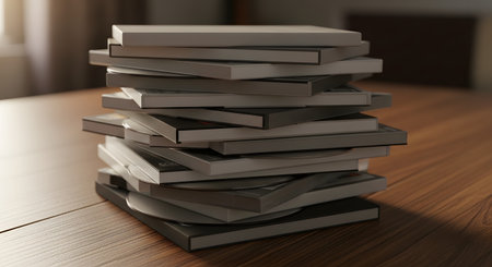 A tall, disorganized stack of blank CD or DVD jewel cases sits on a wooden table, with soft light coming from a window in the background. The image represents obsolete media formats, data storage from the past, or a collection of movies and music. It evokes a sense of nostalgia for physical media.の素材