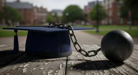 A conceptual image illustrating the burden of student loan debt. A blue graduation cap with a tassel rests on a weathered wooden table, attached by a heavy metal chain to a ball and chain. The background is a blurred university or college campus with brick buildings.の素材