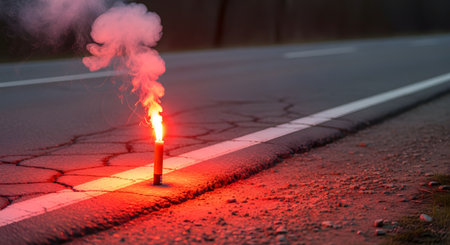 A bright red emergency road flare burns intensely on the cracked asphalt shoulder of a road, next to the white line. The flare emits a bright flame and a plume of thick white and pink smoke, serving as a warning signal.の素材