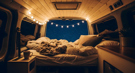 The cozy, wood-paneled interior of a camper van at night, featuring a comfortable bed with messy blankets and pillows. String lights provide a warm glow, and the open back doors reveal a breathtaking view of a clear, starry night sky.の素材