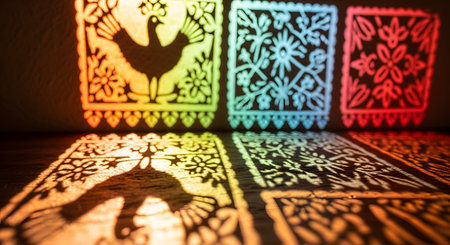 The colorful, intricate shadows of Mexican Papel Picado banners are cast onto a wall and floor, creating a beautiful and artistic effect. The light shining through the cut-paper designs represents a festive and cultural celebration like Dia de los Muertos.の素材