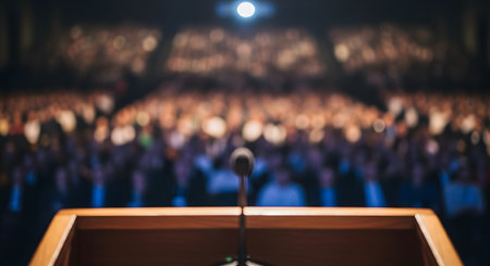 A first-person perspective from behind a wooden podium and microphone, looking out at a large, blurred audience in a dimly lit auditorium. A single spotlight shines down, capturing the feeling of public speaking, giving a presentation, or performing on stage.の素材