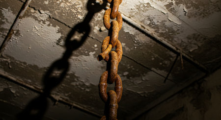 A thick, heavy metal chain covered in rust hangs from the ceiling in a dark, derelict room, possibly a basement or abandoned building. The single light source from above casts a hard shadow on the peeling, grimy walls, creating a creepy, ominous, and industrial atmosphere.の素材