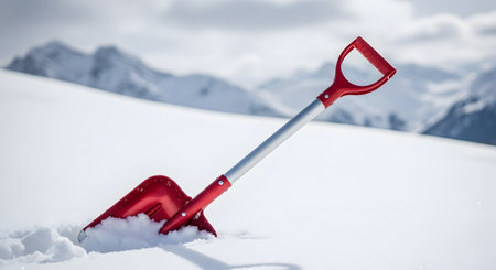A red plastic and metal snow shovel is stuck upright in a deep drift of fresh white snow. The background features a blurred, snow-covered mountain range under a bright, cloudy sky, evoking winter and manual labor.の素材