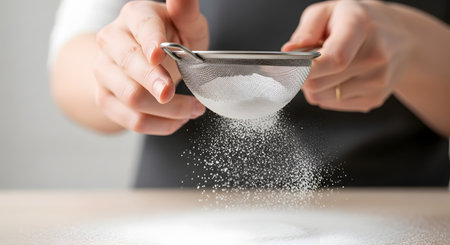 A baker's hands hold a small, metal mesh sifter, gently dusting fine powdered sugar or flour onto a wooden surface. The powder falls like snow, creating a light coating on the table.の素材