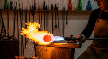 A glassblower, wearing safety glasses and an apron, uses a powerful torch to blast a large flame onto a piece of molten glass at the end of a blowpipe. The artist is in a workshop, with glassblowing tools hanging on the wall in the background.の素材