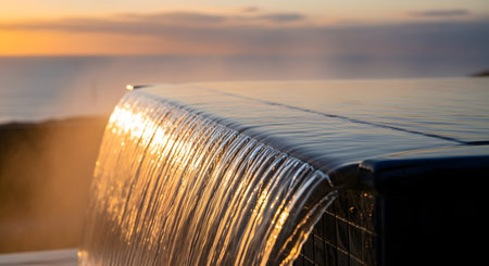 Golden sunset light reflects on the water as it cascades over the edge of a luxurious infinity pool. The tranquil scene overlooks a calm ocean or sea, evoking feelings of relaxation, luxury, and a perfect vacation.の素材