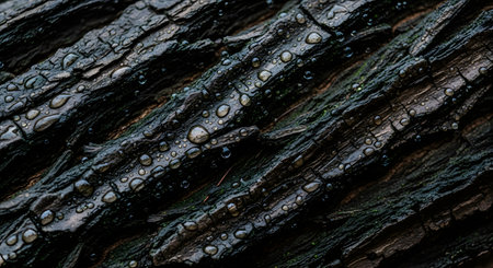 A detailed macro shot of dark, rugged tree bark covered with glistening water droplets after rainfall. The diagonal lines of the bark's texture and the clear drops create a rich, natural, and moody background. The image evokes the feeling of a damp forest.の素材
