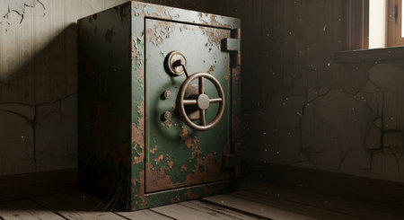 A heavy, antique safe with peeling green paint and rust sits in the corner of a derelict room with cracked walls and cobwebs. The vintage vault evokes themes of mystery, forgotten treasures, security, and the passage of time.の素材