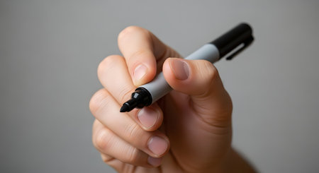 A close-up shot of a person's hand holding a gray and black permanent marker pen against a neutral gray background. The hand is positioned as if it is about to write, draw, or sign something. The image focuses on the act of creation and communication.の素材