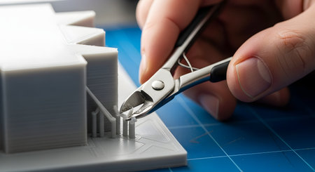 A close-up shot of a person's hand using small metal clippers or pliers to carefully remove support structures from a white, 3D-printed model. The object sits on a blue cutting mat, illustrating the post-processing stage of 3D printing.の素材