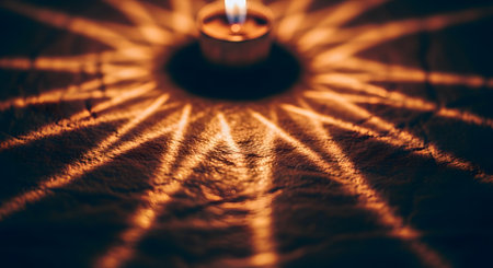 A single tea light candle glows in the dark, casting an intricate starburst pattern of warm light and long shadows onto a textured surface. The mesmerizing effect creates a spiritual, meditative, and peaceful ambiance. The image symbolizes hope, serenity, and inner illumination.の素材