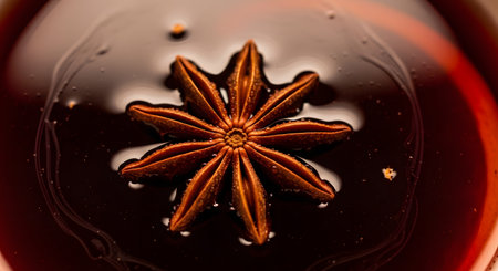 A macro, top-down shot of a single, perfect star anise pod floating in a dark, reflective liquid, such as mulled wine, tea, or a syrup. The rich brown and red tones create a warm, aromatic, and moody atmosphere.の素材