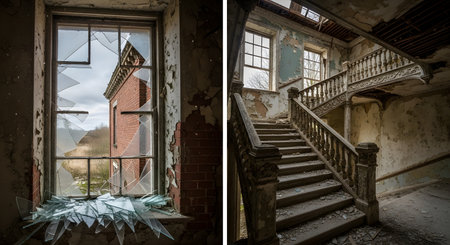 A two-panel image showing the derelict interior of an abandoned building. On the left, a window with shattered glass; on the right, a grand but decaying staircase with peeling paint, representing themes of decay, time, and abandonment.の素材