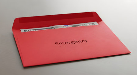 A red envelope with the word 'Emergency' printed on it lies on a light-colored desk. A one-hundred-dollar bill is peeking out from the open flap, symbolizing an emergency fund, savings, or financial preparedness.の素材