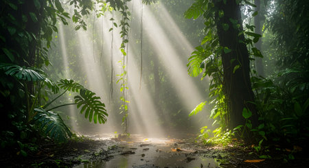 Beautiful sunbeams, or god rays, stream through the dense canopy of a lush green jungle or rainforest. The light illuminates the misty air and the wet ground, highlighting monstera leaves and hanging vines.の素材