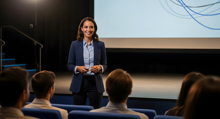 A confident businesswoman in a blue suit stands on a stage, giving a presentation to an audience. She is holding a remote clicker and smiling, engaging with the listeners. A large projector screen is behind her in the dark auditorium, signifying a conference, seminar, or business meeting.の素材