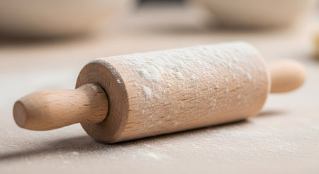 A classic wooden rolling pin, lightly coated with white flour, rests on a floured kitchen surface. The scene is set for baking, suggesting the creation of dough for bread, pizza, or pastries. It evokes a warm, homemade, and traditional culinary atmosphere.の素材