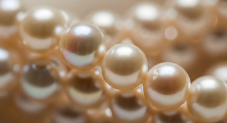 A delicate macro shot of a lustrous pearl necklace, with a shallow depth of field focusing on a few creamy-white pearls. The soft lighting highlights their smooth, iridescent surface and classic beauty. The image conveys elegance, luxury, timeless fashion, and precious jewelry.の素材
