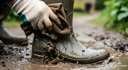 A close-up action shot of a person wearing a glove and cleaning a muddy green rubber boot with a brown cloth. The boot is in a puddle, and mud is splashing, conveying a sense of outdoor work, gardening, or a rainy day chore.の素材