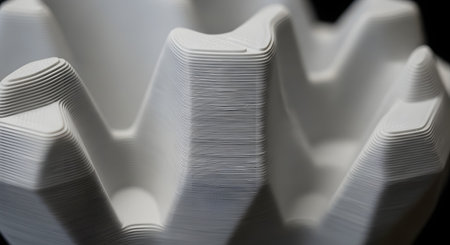 A detailed macro view of a complex, white 3D-printed object. The image clearly shows the fine horizontal layer lines characteristic of the FDM additive manufacturing process. The abstract, wavy shape highlights modern technology, prototyping, and design.の素材