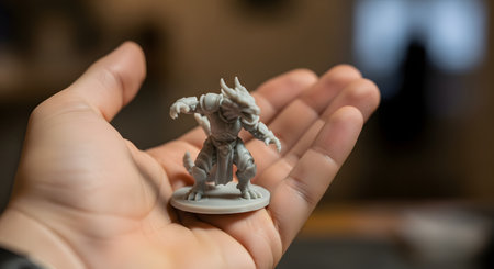 A person's hand holds a small, highly detailed, unpainted 3D printed miniature of a dragon-like humanoid warrior. The figure is for a tabletop role-playing game like Dungeons and Dragons, representing hobbies, fantasy, and modern crafting technology.の素材