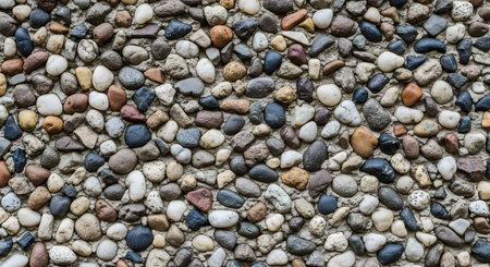 A close-up macro texture shot of an exposed aggregate concrete wall. The surface is densely packed with small, smooth, rounded pebbles of various colors, including brown, grey, white, and black, set in cement. This image serves as a detailed background or pattern.の素材