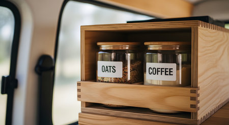 The interior of a camper van, focusing on a custom wooden storage shelf holding two labeled glass jars. The white labels clearly read 'OATS' and 'COFFEE', representing an organized and minimalist approach to van life, travel, and mobile living.の素材