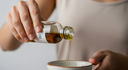 A close-up of a person's hands pouring golden liquid from a clear glass bottle labeled 'Oil' into a small white bowl. This image is perfect for concepts related to aromatherapy, natural beauty, skincare routines, or preparing massage oils. The clean background focuses on the act of pouring and the purity of the ingredient.の素材