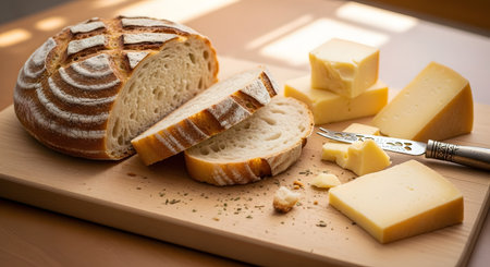 A rustic loaf of artisan sourdough bread is partially sliced on a wooden cutting board, accompanied by several types of cheese cut into wedges and cubes. A cheese knife rests nearby, and crumbs are scattered on the board, creating an inviting and delicious food scene. This represents a simple, gourmet meal or appetizer.の素材