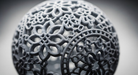 A macro, black and white photograph of a complex sphere with an intricate, floral lace pattern. The object is a product of 3D printing, showcasing modern technology, additive manufacturing, design, and innovation.の素材