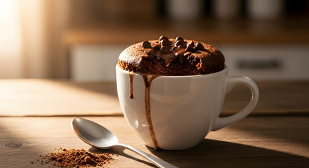 A warm chocolate mug cake, topped with melting chocolate chips, overflows slightly from a white mug. The dessert sits on a wooden table in soft sunlight, with a spoon and cocoa powder nearby, creating a delicious and cozy scene.の素材
