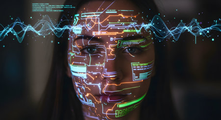 A woman's face is illuminated by projections of futuristic digital data, circuit board patterns, and glowing waveforms. This conceptual image represents artificial intelligence, facial recognition, big data, cybersecurity, and the intersection of humanity and technology.の素材