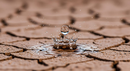 A macro shot of a single drop of water splashing into a small puddle on dry, cracked mud. The impact creates a crown-shaped splash and ripples, symbolizing drought, water scarcity, and the preciousness of life.の素材