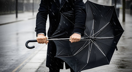 A man in a dark coat struggles to hold onto his black umbrella as it's being bent backwards by strong wind and heavy rain. The scene captures the challenge and difficulty of navigating a stormy day. It symbolizes struggle, adversity, resilience, or being unprepared for challenges.の素材