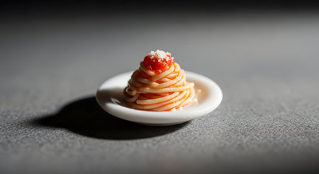 An extreme close-up of a miniature plate of spaghetti, meticulously detailed with tomato sauce and a sprinkle of parmesan cheese. The tiny portion of food art sits on a small white plate, spotlit on a gray surface.の素材