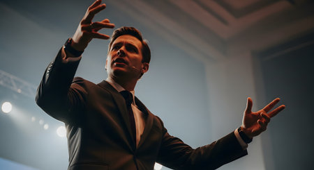 A charismatic man in a business suit speaks passionately on stage during a conference or presentation. He uses expressive hand gestures under dramatic stage lighting, conveying confidence, leadership, and expertise. This image is ideal for business, public speaking, motivation, and corporate event themes.の素材