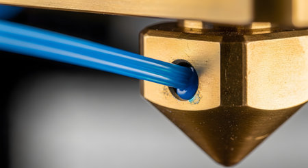 A macro, close-up shot of a 3D printer's brass nozzle, or hotend. A blue PLA or ABS filament is being fed into the nozzle, ready for the additive manufacturing process.の素材
